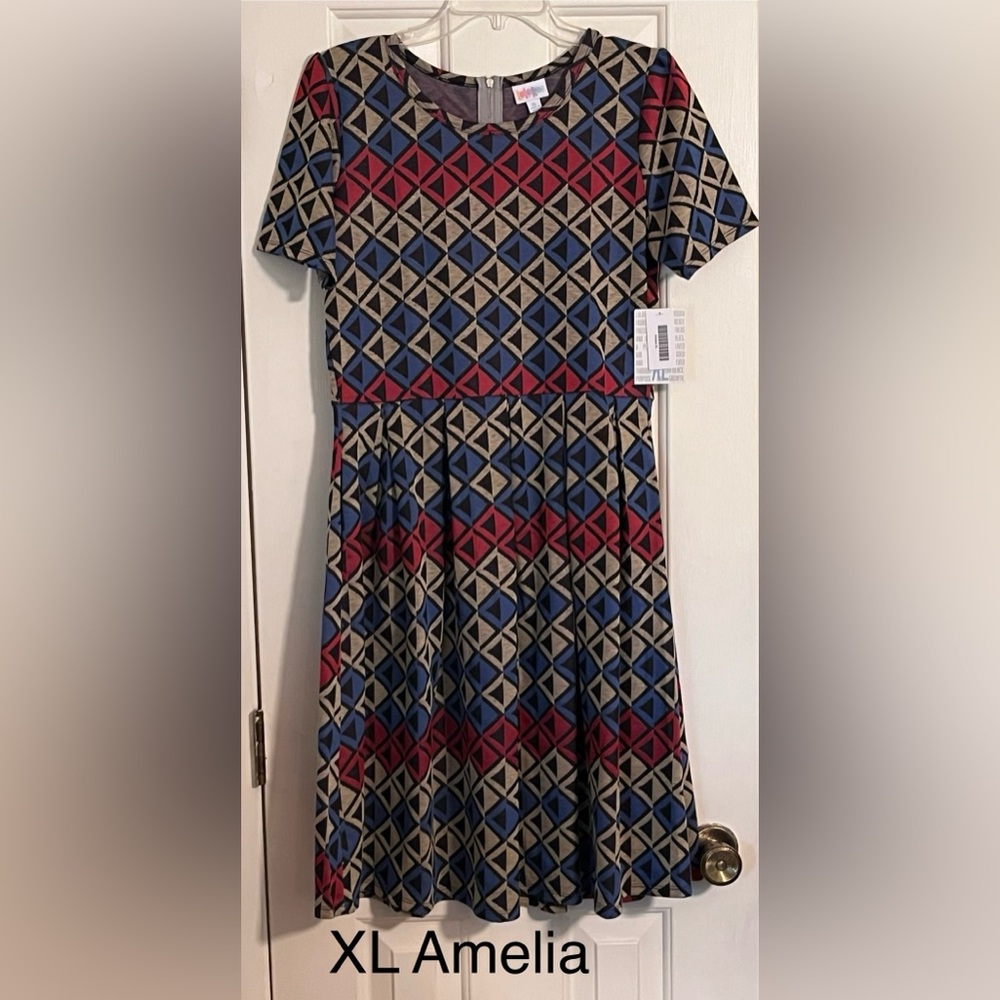 LuLaRoe Geometric Dress - Blue, Red, and Gray